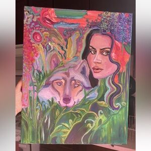 🎥 Girl With Wolf Art Oil Painting On Canvas Abstract Floral One Of Kind Unique